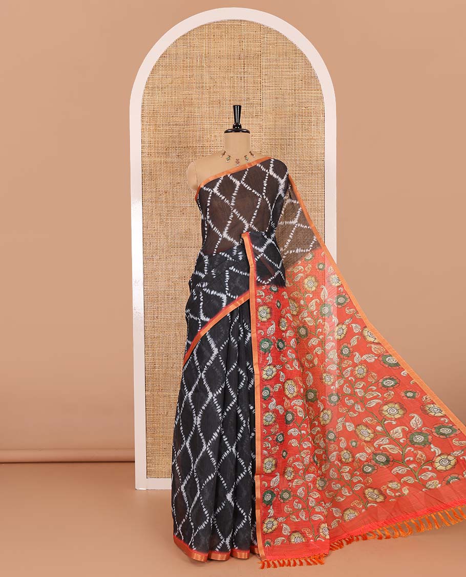 Black argyle shibori printed linen cotton saree, contrast border, kalamkari floral vine printed pallu, and a contrast kalamkari printed blouse