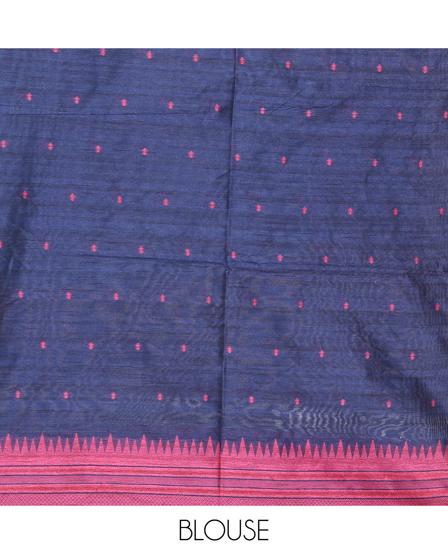 Pink buttas semi-jute saree with contrast temple border, thread striped pallu, and a contrast thread buttas blouse