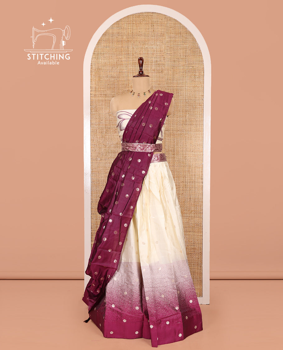 Cream-Dark Purple Semi-Silk Half-Saree Features Flower Buttas Skirt, Contrast Border, Matching Blouse, Contrast Dhavani