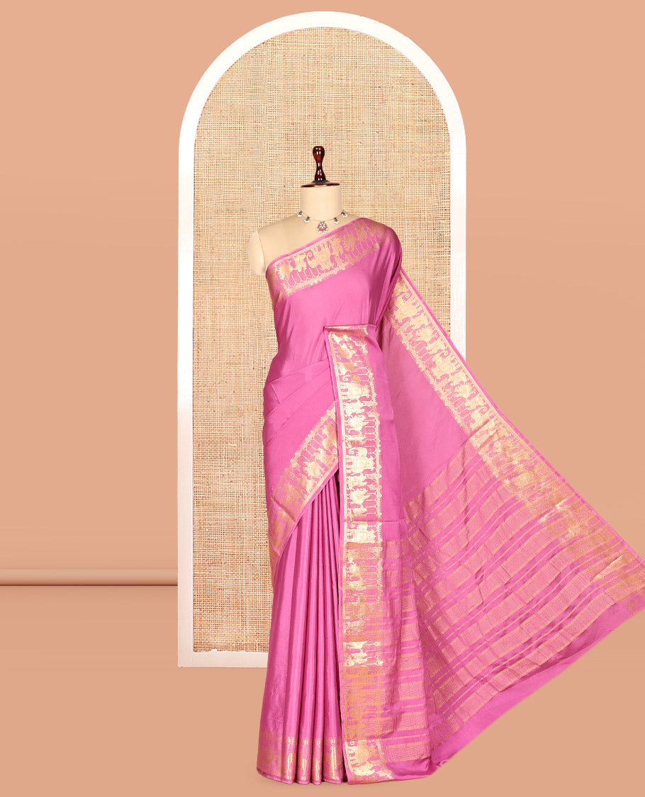 Onion Pink Plain Semi-Mysore Saree, Zari Wedding-Themed Border, Zari Striped Pallu, Matching Blouse