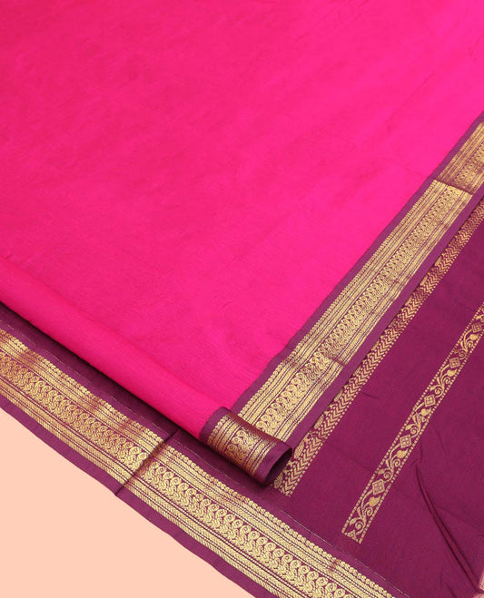 Pink Plain Nine Yard Cotton Saree, Complemented by Contrast Traditional Zari Design Border, Pallu of Traditional Designs, and Comes Without a Blouse