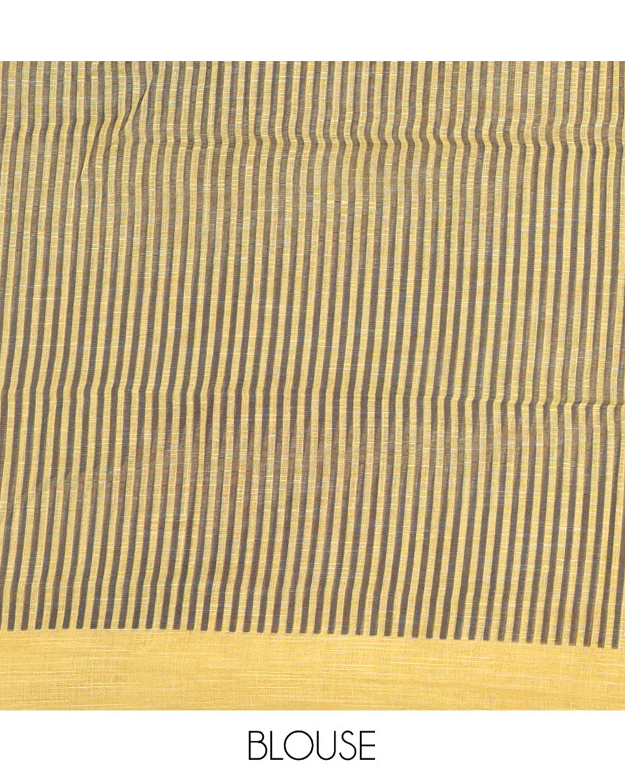 Yellow Linen Saree, Subtly Sparkled With Sun and Giraffe Motifs, a Subtle Zari Piping Border, and a Striped Blouse