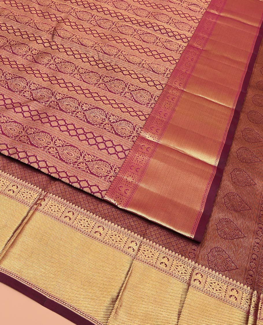 Purple Kanchipuram Wedding Silk Saree, Subtly Enriched with Jacquard Design On Its Body, Highlighted by Zari Border of Salngai, Rekku, and Diamond Designs, Jaal Pallu and Paired with a Matching Blouse