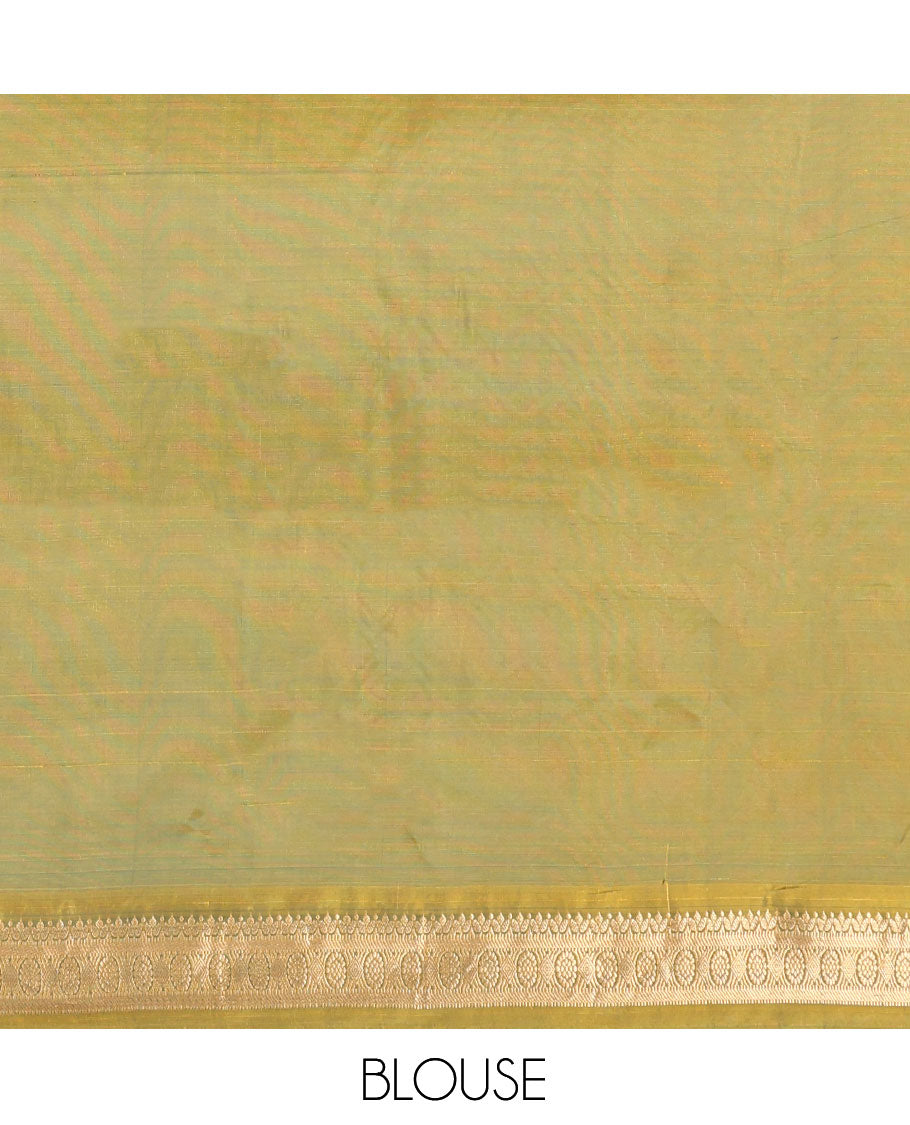 Green Uppada Silk Saree, Highlighted with Zari Buttas, a Contrast Traditional Zari Border, Contrast Intricate Pallu, and a Contrast Blouse