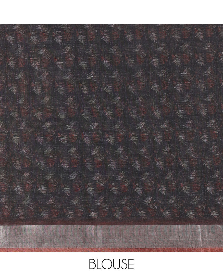 Black Printed Linen Cotton Saree Adorned with Leaf Motif Prints, Complemented by a Contrast Bavanji Border, Featuring a Geometric Printed Pallu, Paired with a Subtle Matching Blouse