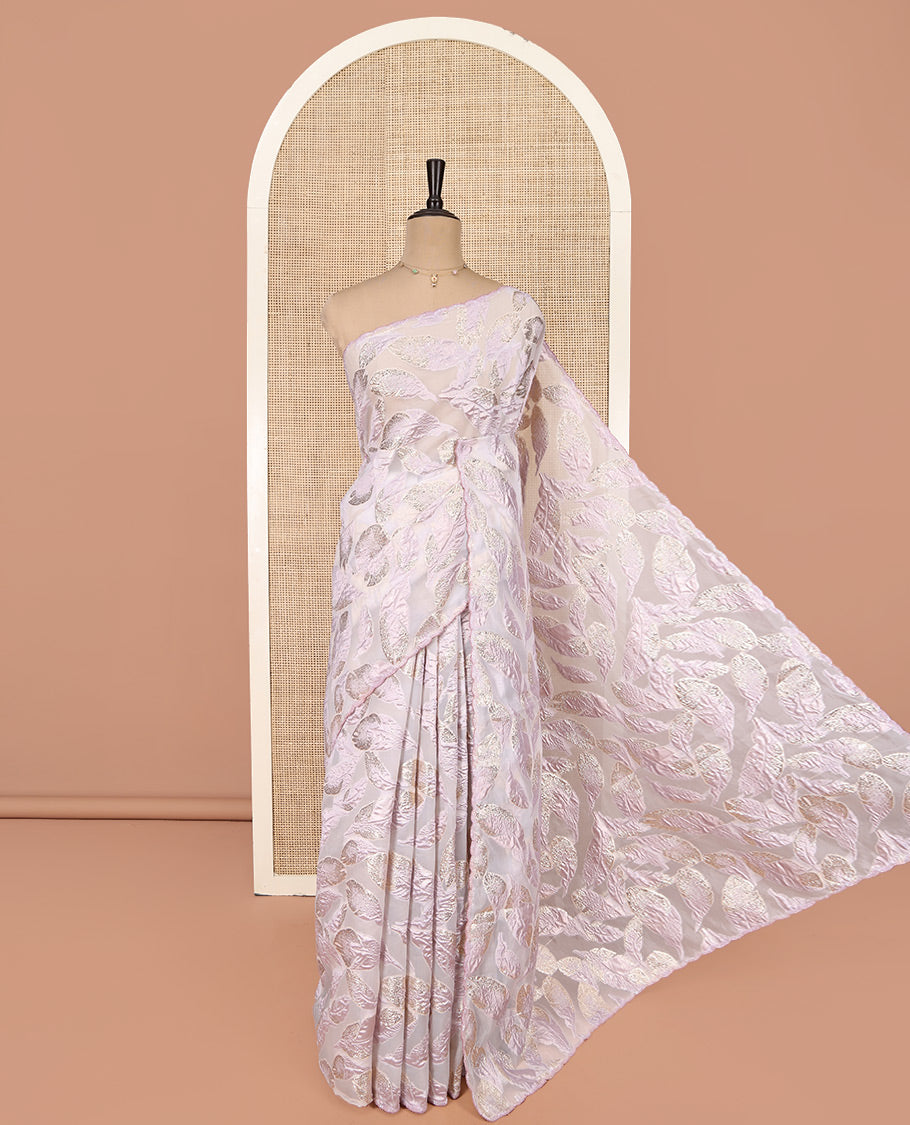 Lavender Turkey Organza Saree Features Leaf Glitterwork, Scallop Beadwork Border, Sequins Embroidered Blouse