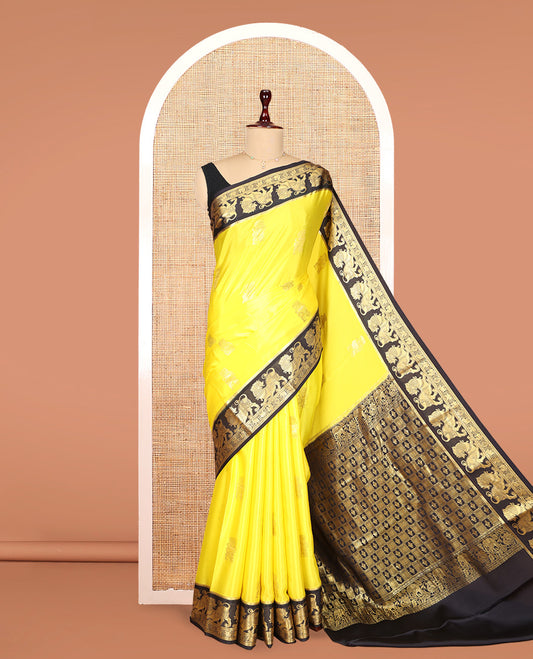 Yellow Mysore Silk Saree Features Lion-Elephant Butta, Contrast Traditional Lion Zari Border, a Grand Pallu, and a Contrast Blouse