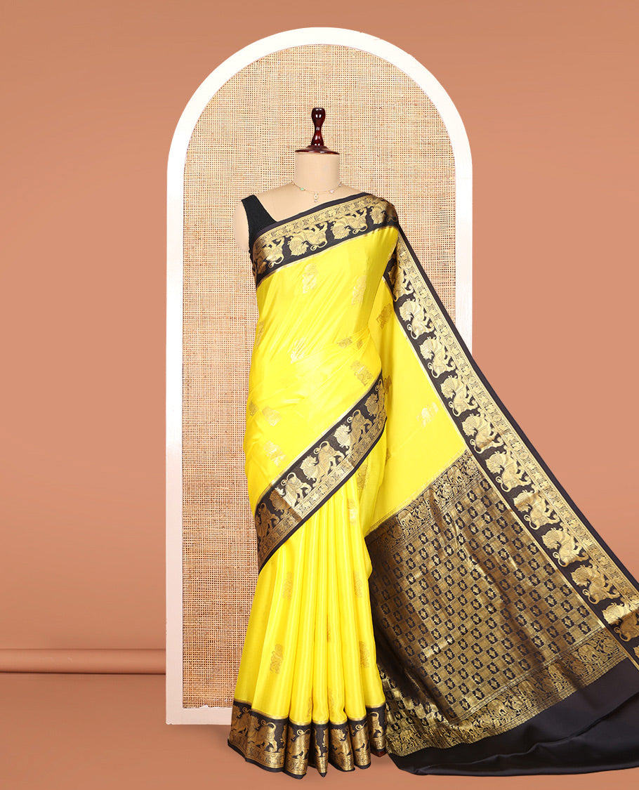 Yellow Mysore Silk Saree Features Lion-Elephant Butta, Contrast Traditional Lion Zari Border, a Grand Pallu, and a Contrast Blouse