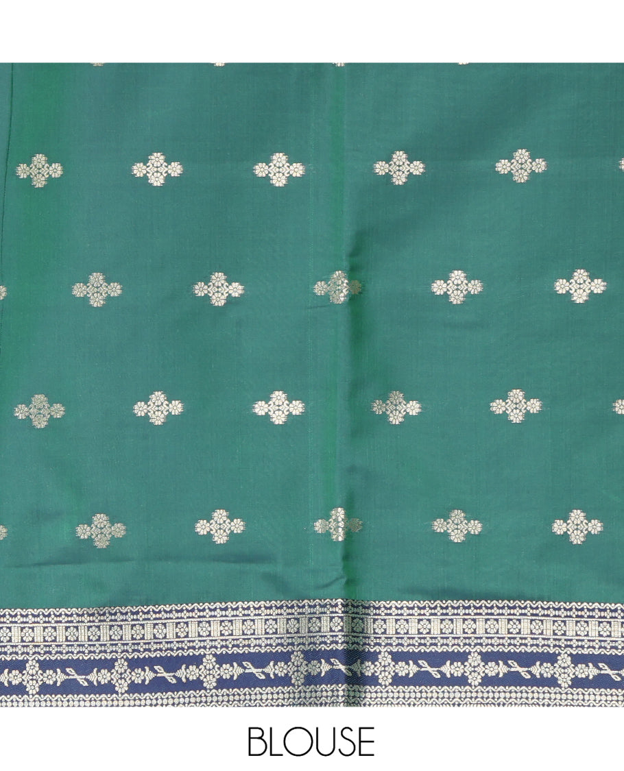 Green Fancy Soft Silk Saree, Decorated with Zari Buttas, Complemented by Contrast Floral Creeper Zari Border, Grand Pallu, and a Contrast Blouse