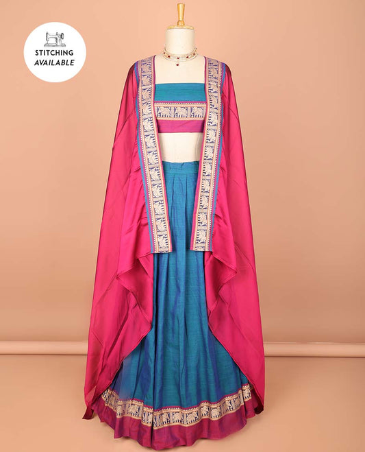 Blue cotton half saree contrast elephant border , zari design blouse & plain, elephant design border dhavani