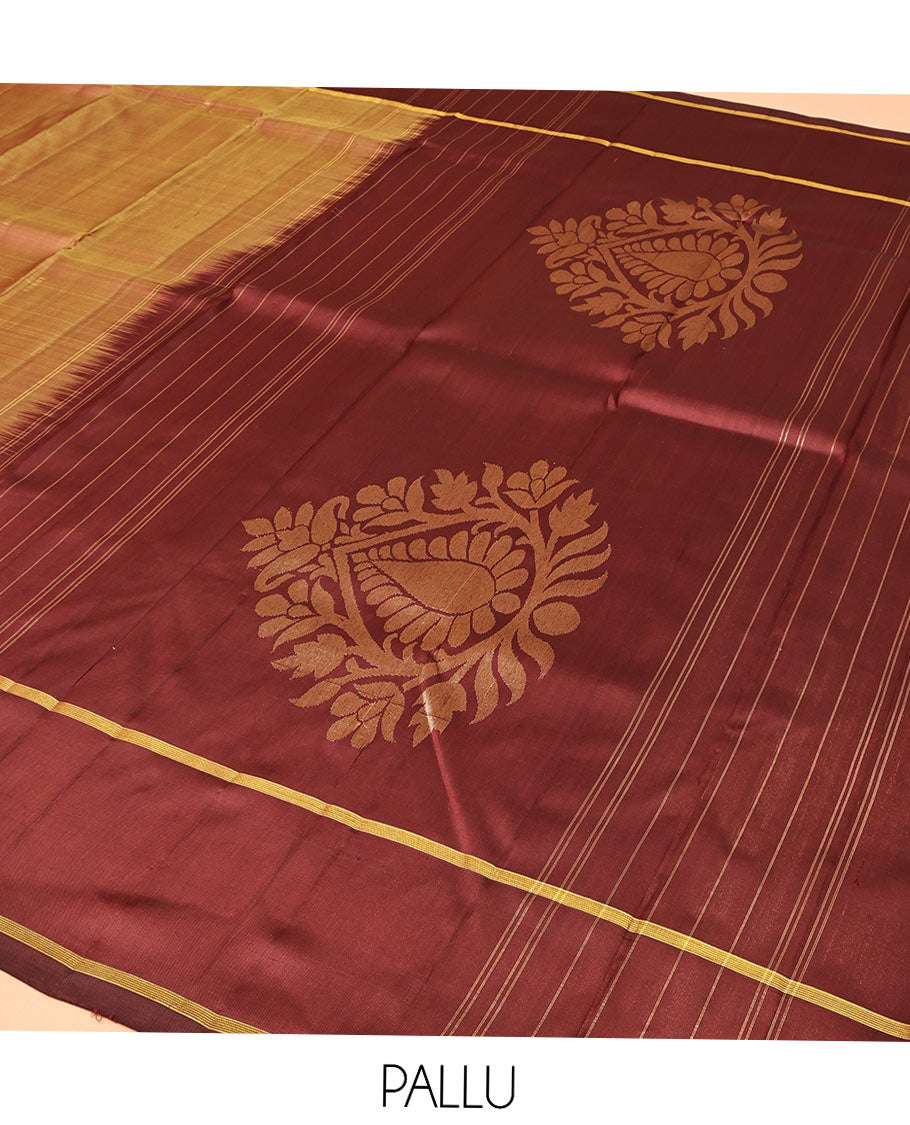 Yellow Kanchipuram Silk Saree, Finely Crafted with Buttas All Over Its Body, Complemented by a Contrast Border of Peacock Feather Designs, Pallu of Intricate Motifs, and Paired with a Contrast Blouse