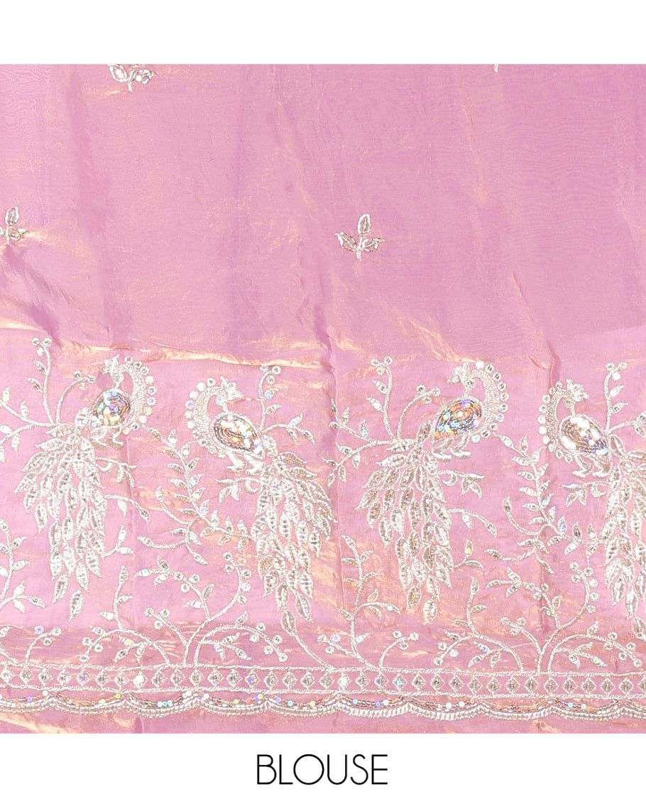 Borderless Lavender Plain Fendi Chiffon Saree, a Self-Pallu, and a Matching Peacock Embroidered Blouse