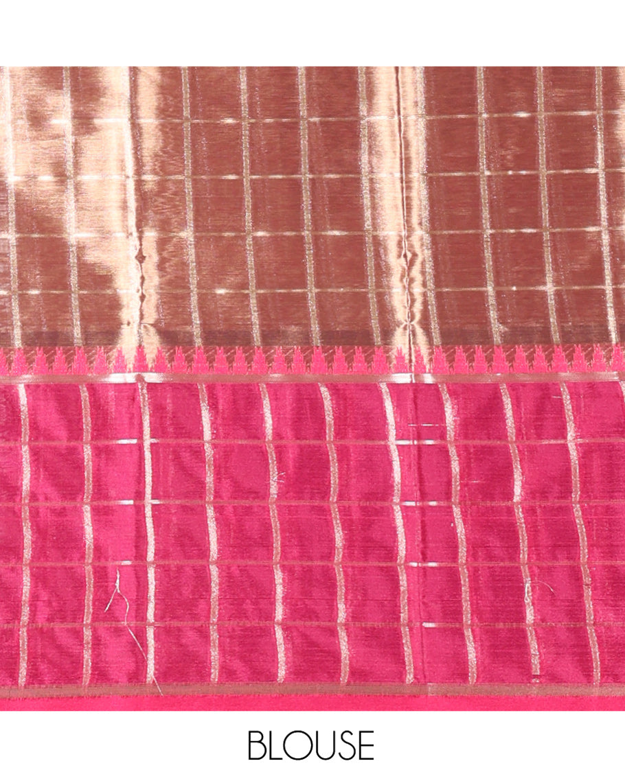 Scintillating Gold Tissue Saree, Subtly Sparkled with Buttas, Complemented by a Contrast Ganga-Jamuna Zari Checked Temple Border, Sparsely Woven Pallu, and Paired with a Matching Blouse