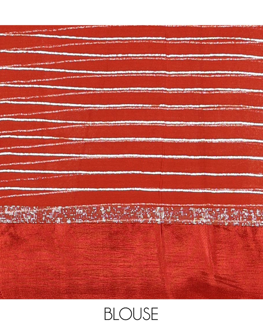 Rust Viscose Georgette Saree Gleamed with Horizontal Golden Zari Stripes All Over Its Body, Accentuated by a Satin Plain Border, a Self Pallu Featuring the Same Horizontal Stripes, and Paired with a Running Blouse