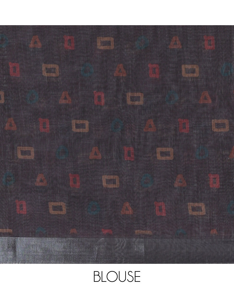 Black Linen Cotton Saree, Adorned with Batik-Style Geometric Print on Its Body, Subtle Zari Border, Kalamkari-Style Printed Pallu, and Matching Blouse