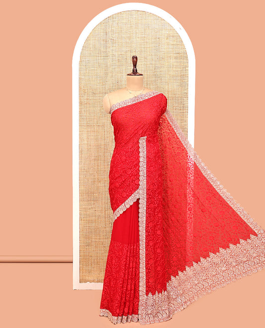 Red Designer Saree, Enriched with with Floral Jaal Embroidery Embossed, a Scallop Embroidered Border, and a Matching Blouse