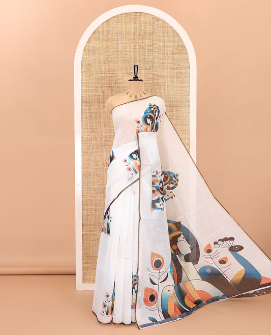 Borderless white modern art style Radha Krishna motifs printed chanderi cotton saree, big Radha Krishna motifs printed pallu and a contrast printed blouse