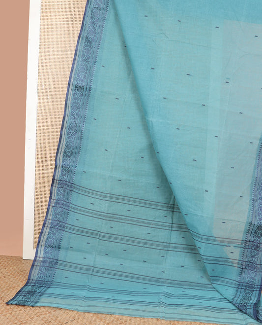 Blue floral motifs bengal cotton saree with self floral design border & striped, floral design pallu