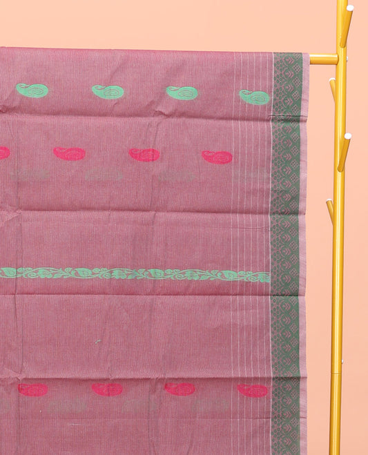 Rosewood Pink Kanchi Cotton Saree, Adorned with Thread Paisley Buttas All Over Its Body, a Subtle Self-Border, Pallu of Intricate Designs, and Paired with a Matching Blouse