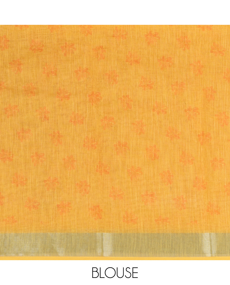 Yellow Linen Cotton Saree, Prettified with a Floral Print, a Subtle Zari Border, and a Matching Blouse