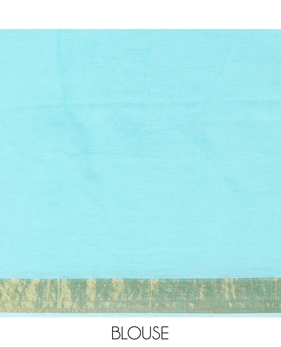 Sea Green Plain Khadi Mul Cotton Saree, a Gold Zari Border, Sequins Striped Pallu, and a Matching Blouse