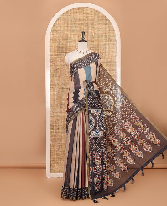 Multi-color striped linen saree, contrast geometric patterned border, intricate pallu & striped blouse