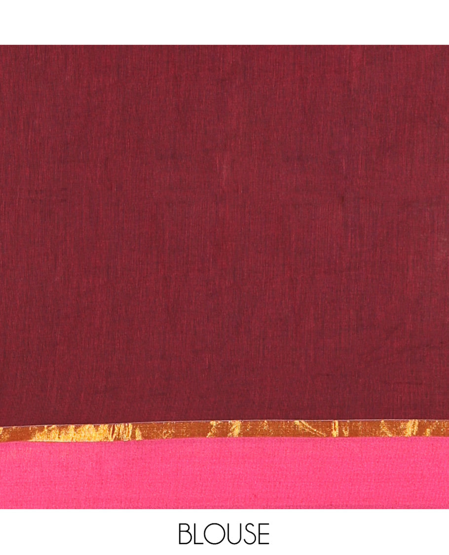 Maroon Plain Khadi Mul Cotton Saree, Complemented by Contrast Zari Striped Border, Plain Pallu, and Paired with a Matching Blouse