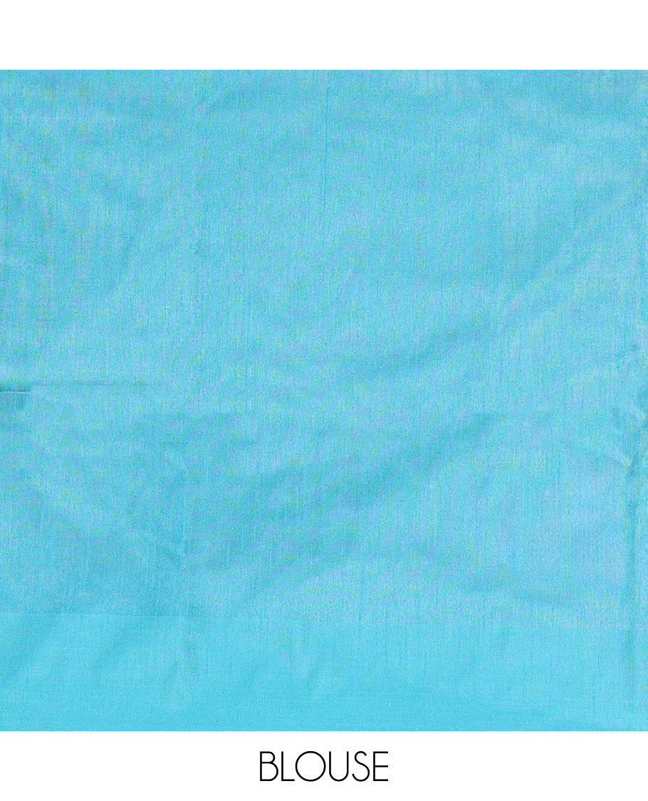 Navy Blue Semi-Raw Silk Saree Features Thread Buttas, Contrast Intricate Border, Striped Pallu, and a Contrast Blouse