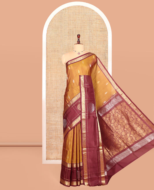 Mustard Uppada Silk Saree, Finely Crafted with Buttas, Complemented by a Contrast Traditional Zari Design Border, Floral-Paisley Pallu, and a Contrast Blouse