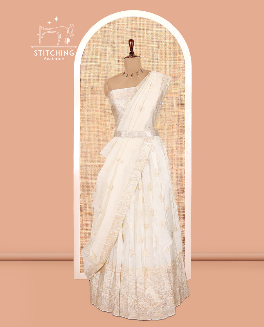 Cream Semi-Silk Half-Saree, Zari Buttas Skirt, Traditional Border, Matching Blouse, Dhavani