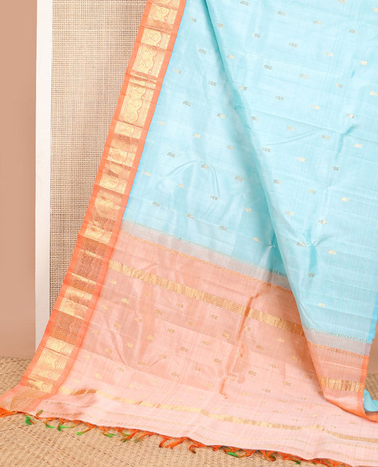 Light blue floral buttas kancheepuram silk saree with contrast border of zari design border & floral design pallu