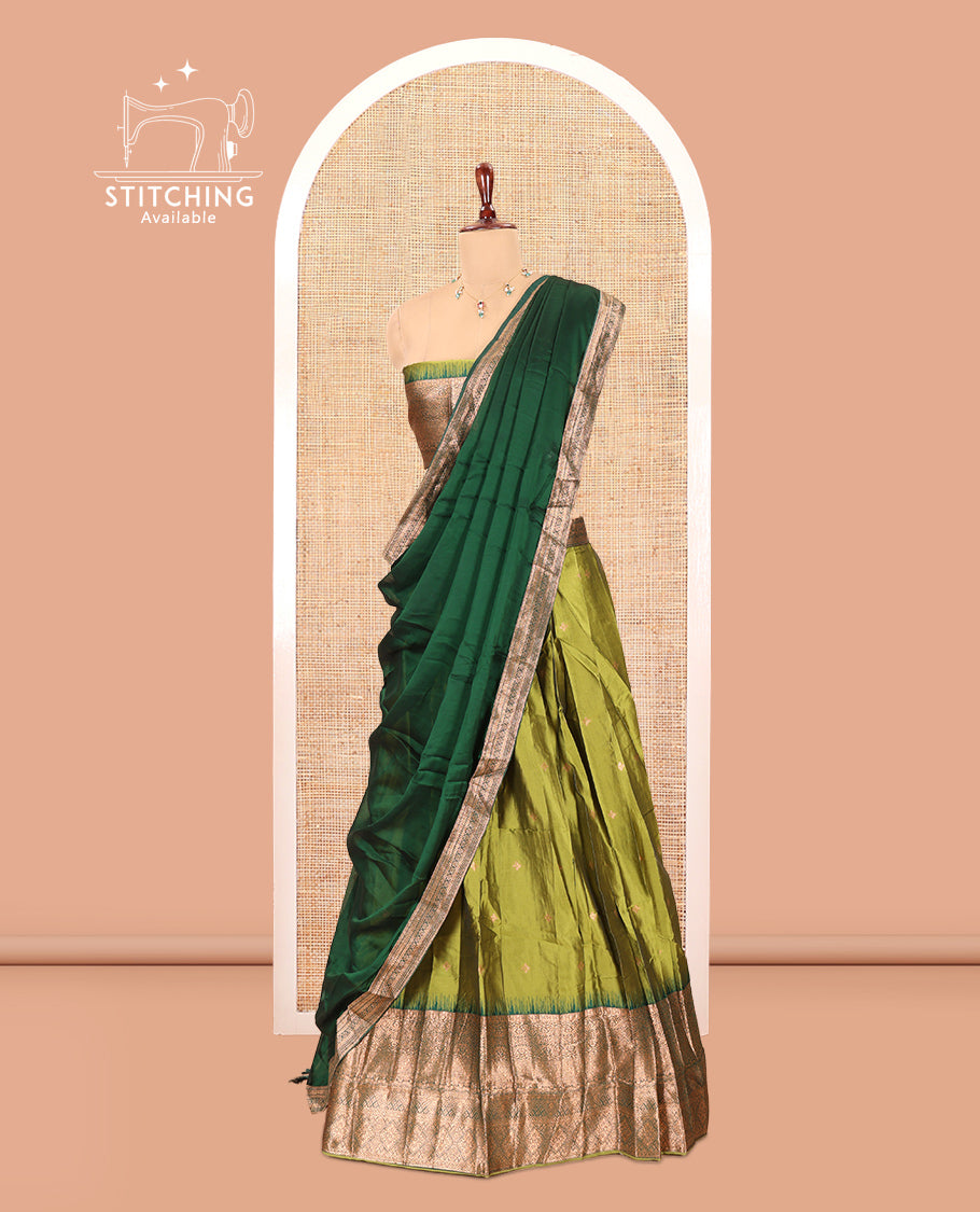 Parrot Green-Leaf Green Semi-Silk Half-Saree, Zari Buttas Skirt, Contrast Traditional Zari Border, a Matching Blouse, a Contrast Blouse
