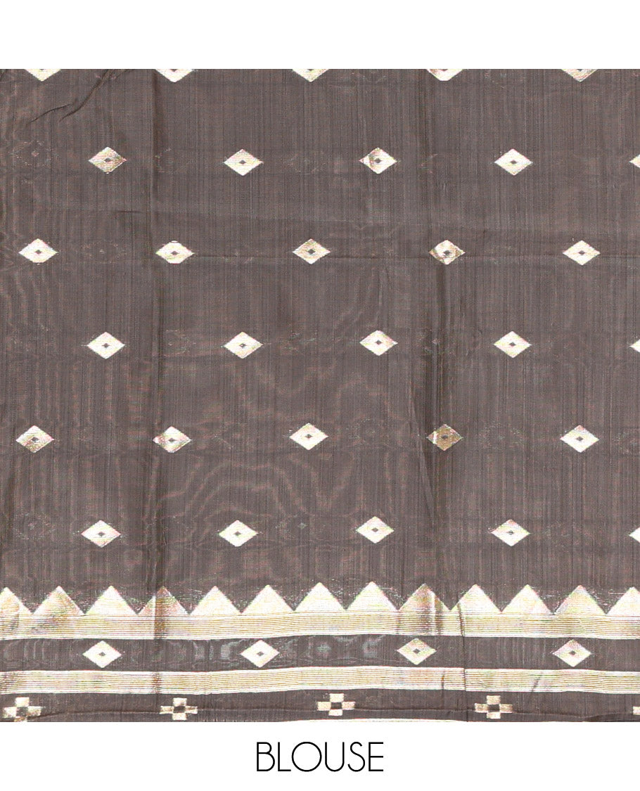 Grey Jute Cotton Saree, Adorned with Diamond Meena Buttas All Over Its Body, Complemented by a Contrast Border, Pallu of Jamdhani-Style Floral Designs, and Paired with a Contrast Blouse