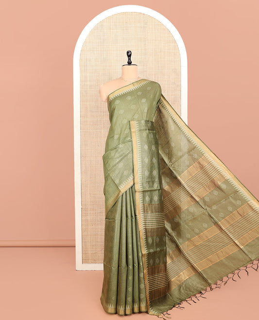 Green Tussar Silk Saree, Sparsely Woven with Buttas, a Subtle Temple Border, a Self-Pallu, and a Matching Blouse