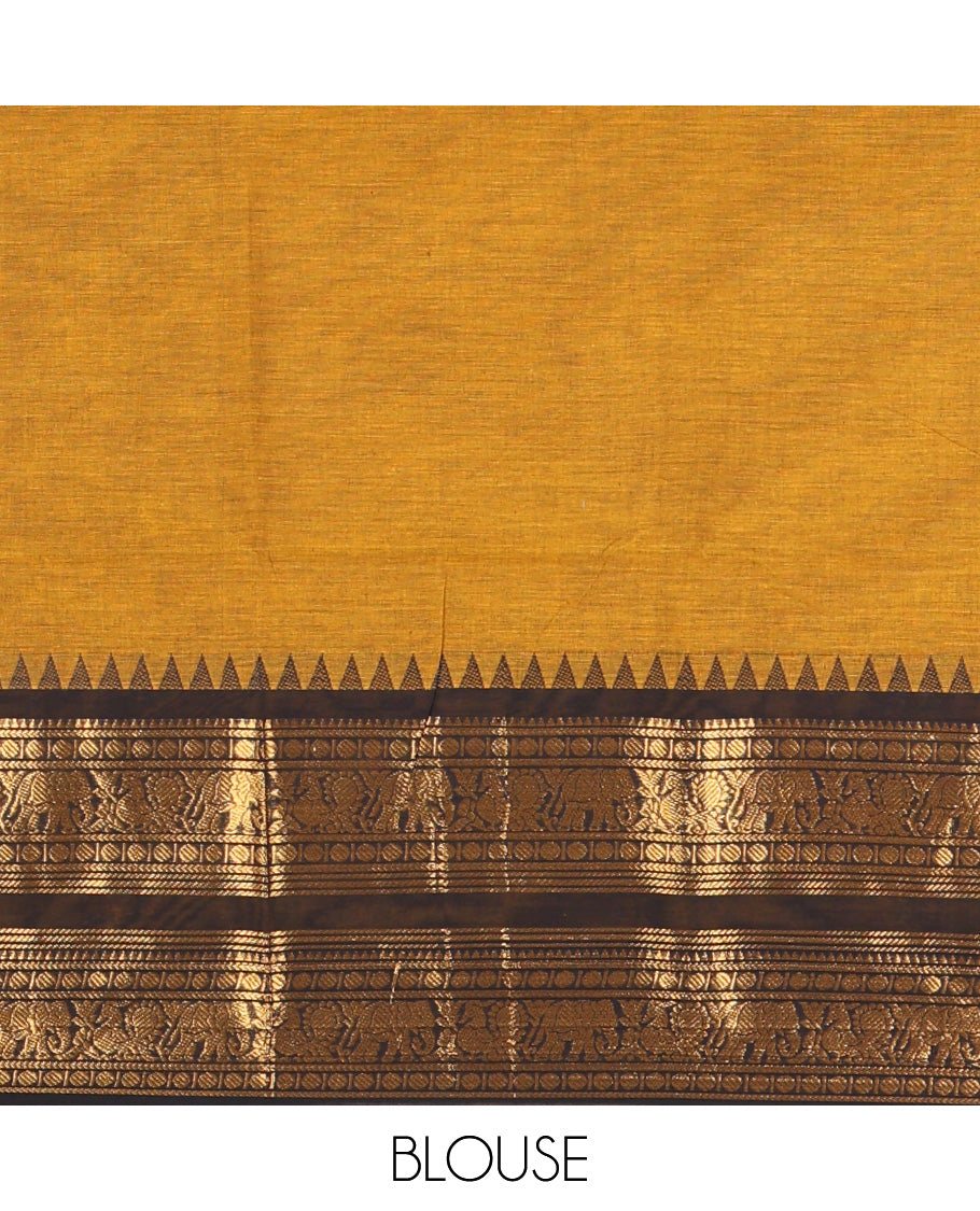 Mustard Plain Chettinad Cotton Saree, Complemented by a Contrast Rettai Pettu Zari Border of Thread-Temple, Coin, Elephant, and Peacock Designs, Subtly Striped Pallu, and Paired with a Matching Blouse