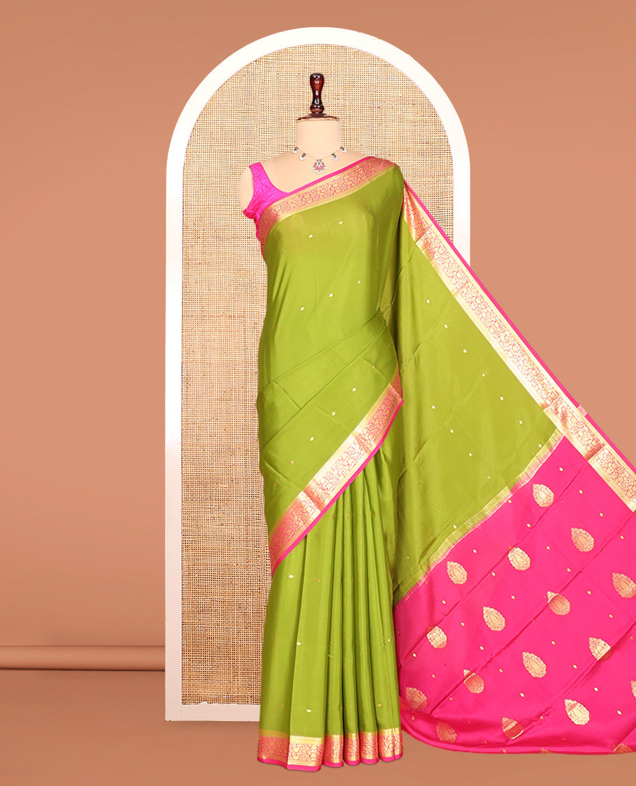 Parrot Green Zari Buttas Mysore Silk Saree, Complemented by a Contrast Floral Zari Border, Zari Design Pallu, and a Contrast Blouse