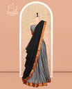 Grey Cotton Half-Saree Features Plain Skirt, a Contrast Zari Border, a Matching Blouse, and a Contrast Dhavani