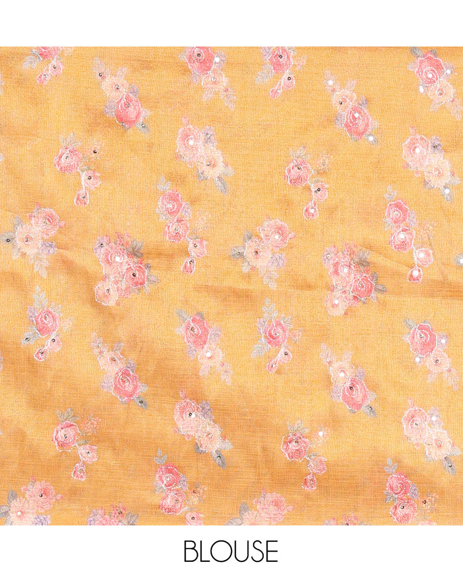 Mustard Fancy Tussar Saree, Polka Dotted Zari Border, Grand Pallu, a Floral Printed Blouse, Matching Blouse