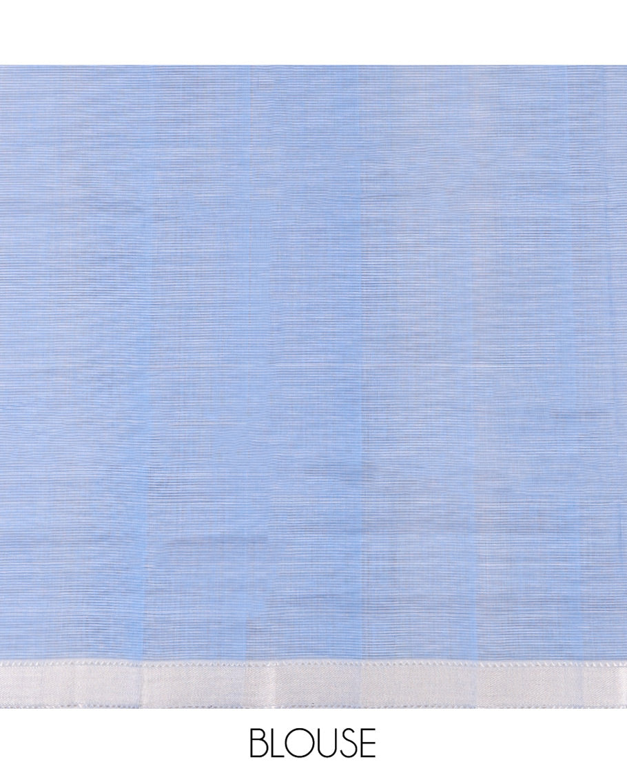 Blue-Cream Mangalgiri Cotton Saree, Subtly Sparkled with Stripes on Its Body, Highlighted by Zari Temple Border, Zari-Striped Pallu, and Paired with a Matching Blouse