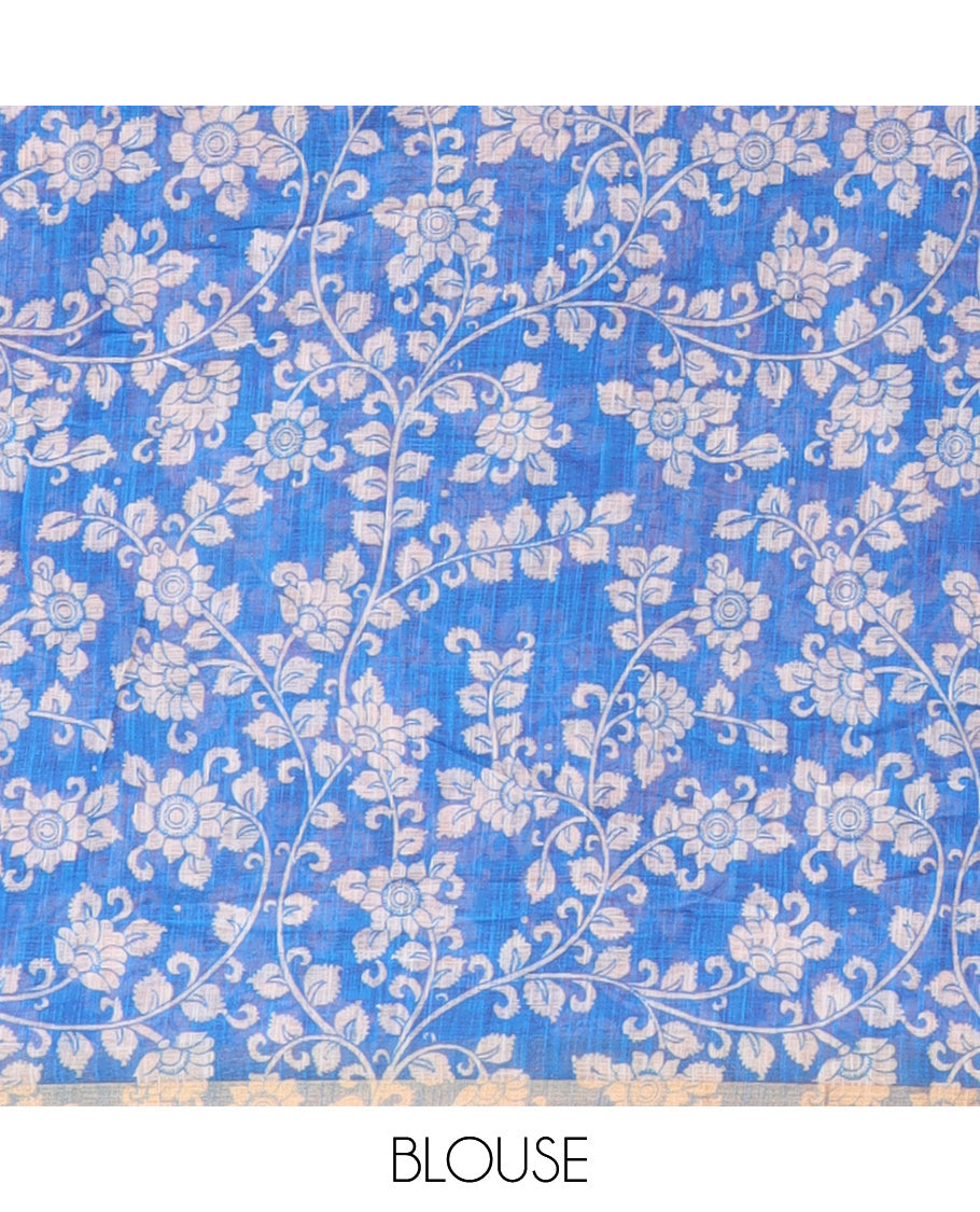 Tomato Pink Linen Cotton Saree Features Kalamkari-Style Human Motifs Print, a Piping Border, Contrast Printed Pallu, and Contrast Blouse