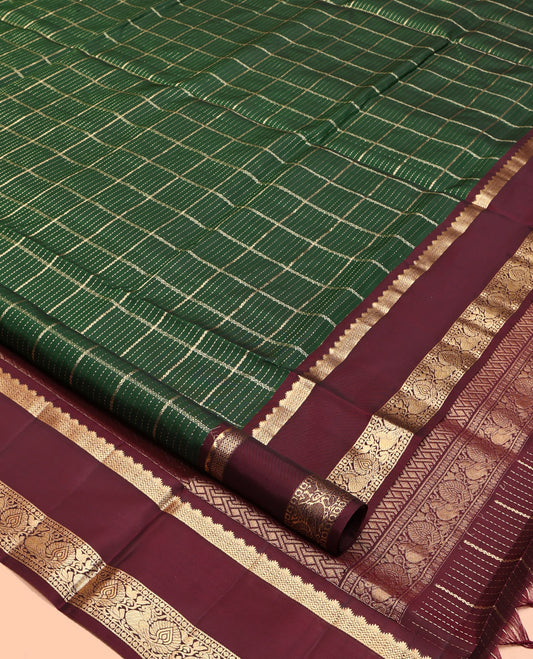 Green Mayuri Lite Silk Mix Saree, Spotlighted with Zari Checks, a Contrast Rettai Pettu Border of Rekku, Rudraksha, and Mayil, Geometric Pallu, and a Contrast Blouse