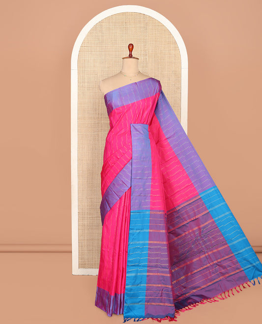 Pink Aarani Silk Saree, Accentuated with Zari Stripes on Its Body, Complemented by a Contrast Zari Striped Border, Pallu of Zari Stripes, and Paired with a Contrast Blouse