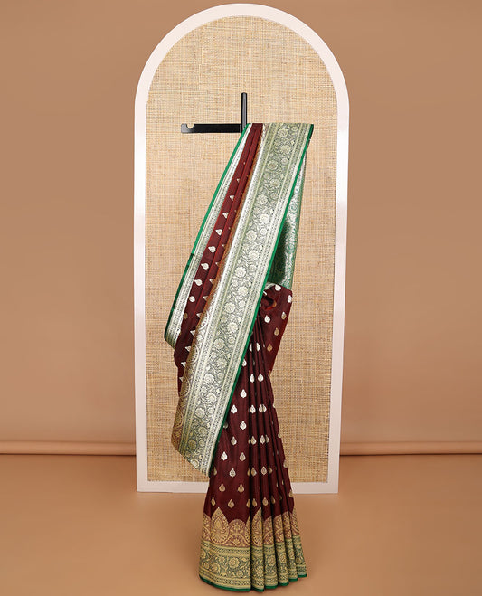 Dark brown floral buttas semi banaras nylon saree with contrast intricate zari design border & floral vine design pallu