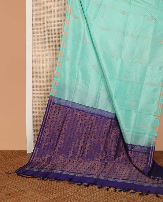 Light blue striped, motifs uppada saree with self zari border & floral design pallu