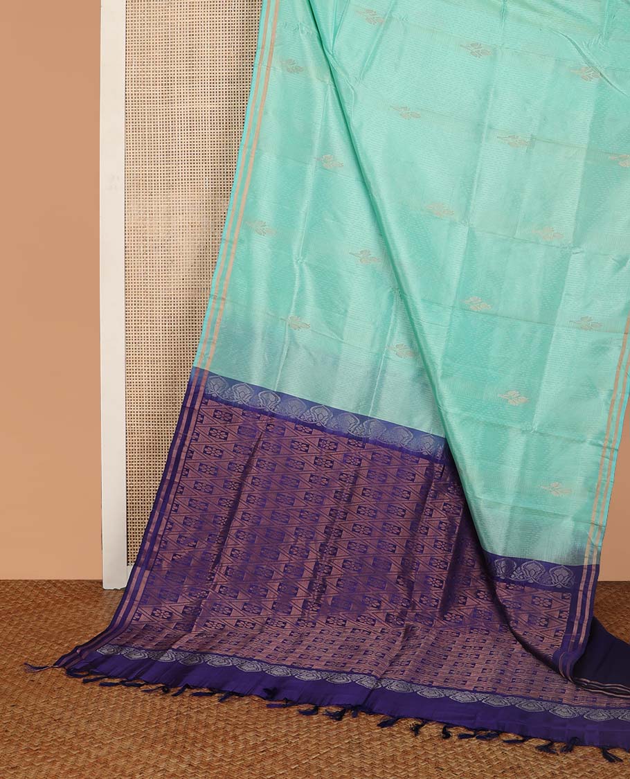 Light blue striped, motifs uppada saree with self zari border & floral design pallu