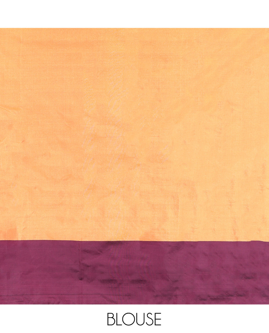 Orange Aarani Gift Saree, Sparsely Woven with Plus-Shaped Buttas on Its Body, Complemented by a Contrast Striped and Buttas Border, Subtle Striped Pallu, and Paired with a Matching Blouse