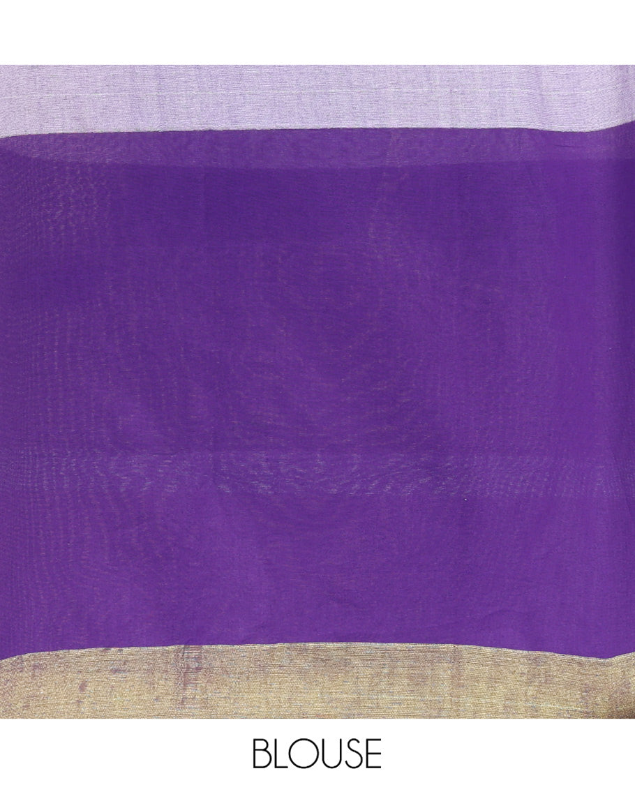 Violet Khadi Mul Cotton Saree, Adorned with Half-And-Half-Style Double-Colour Dyed on Its Body, a Subtle Zari Border, Striped Pallu, and Paired with a Matching Blouse