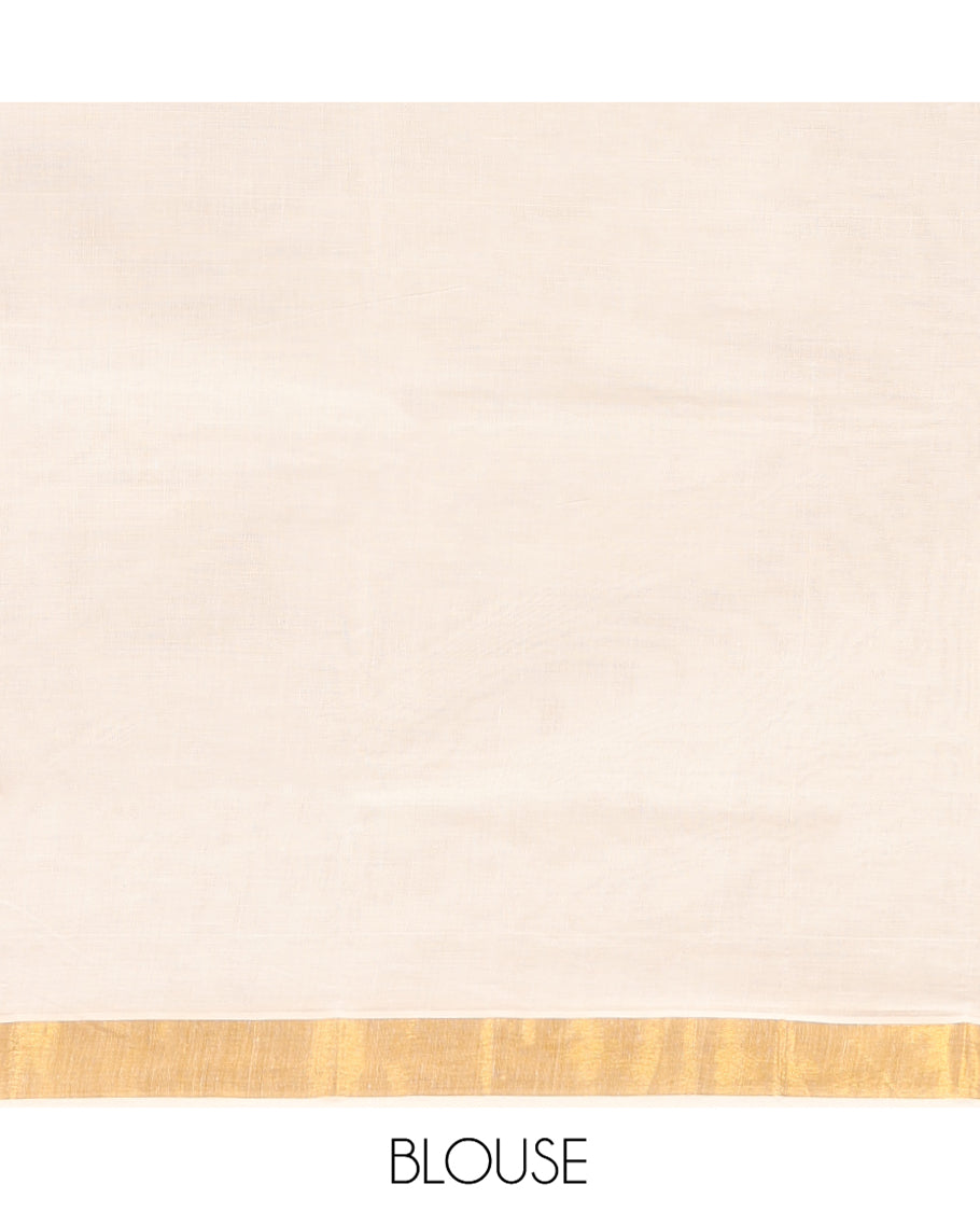 Cream Kerala Cotton Saree, Highlighted by Zari Stripes All Over Its Body, a Subtle Bavanji Border, Pallu Steeped with Peacock Designs, and Paired with a Matching Blouse