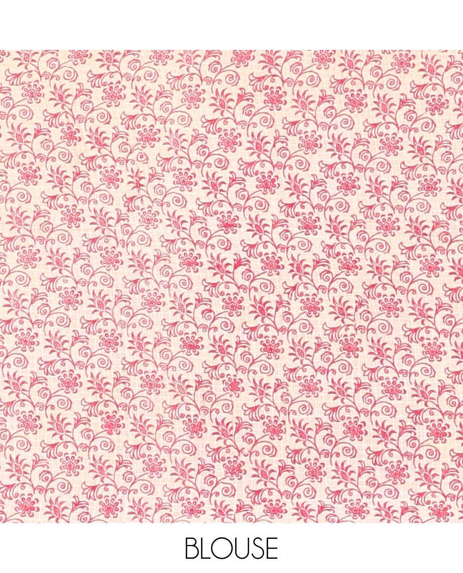 Borderless Pink Kalamkari Cotton Saree, Embellished with Ancient Human Motifs Print, Peacock Pallu, and a Contrast Blouse