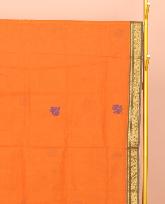 Orange Venkatagiri Cotton Saree Features Peacock Buttas, a Contrast Zari Border, Pallu of Peacock Buttas and Stripes, and No Blouse